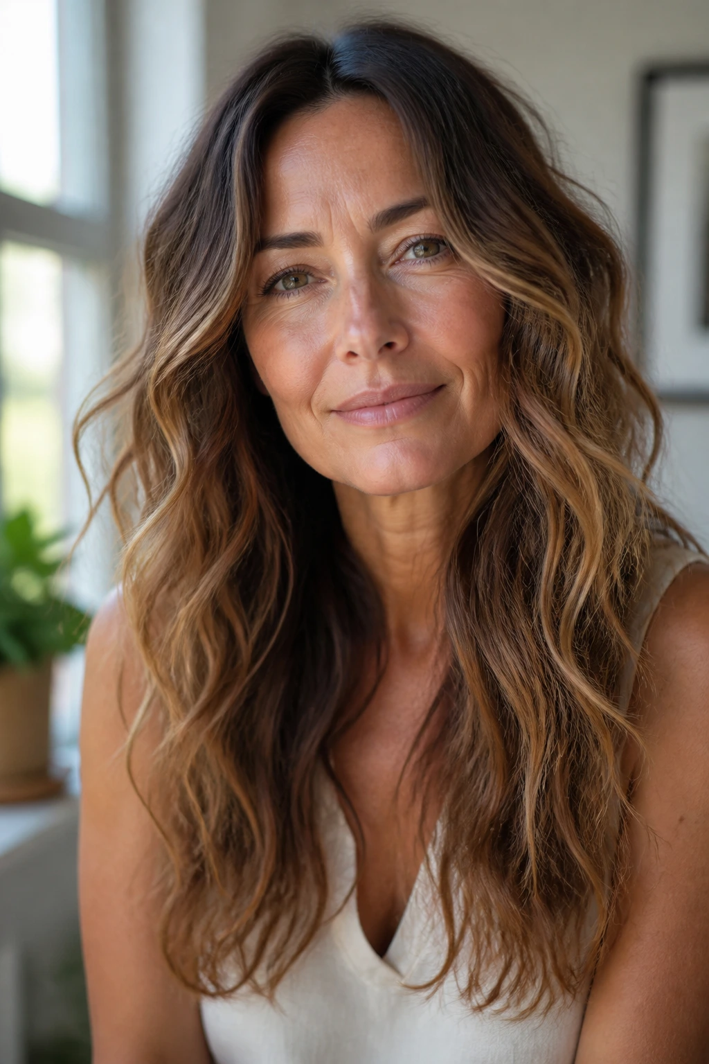 Close-up of a real woman with air-dried waves and soft ends in natural light