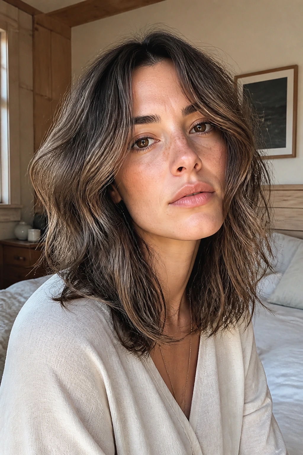 Close-up of a woman with air-dried tousled layered hair