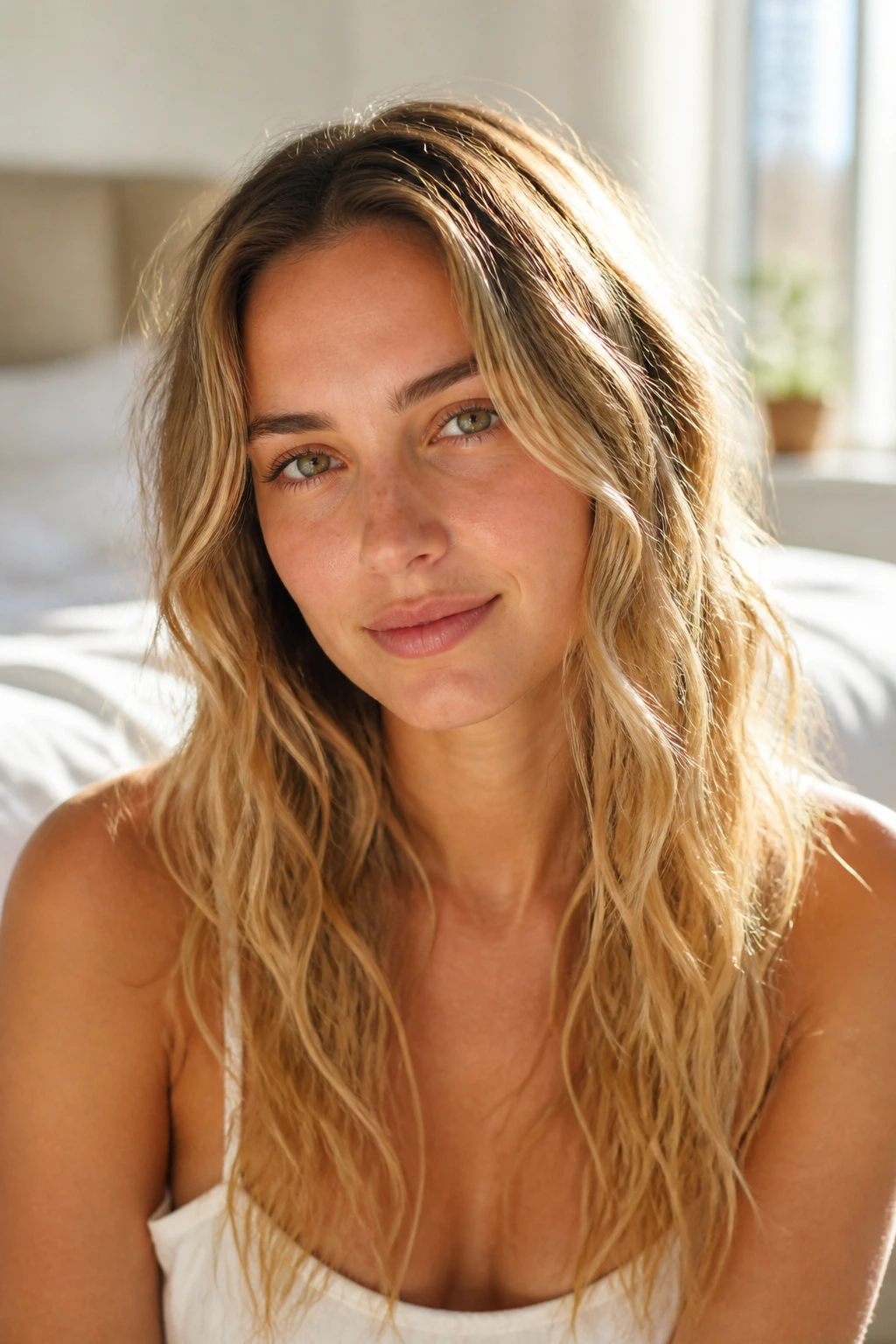 Real woman with natural air-dried waves and side part