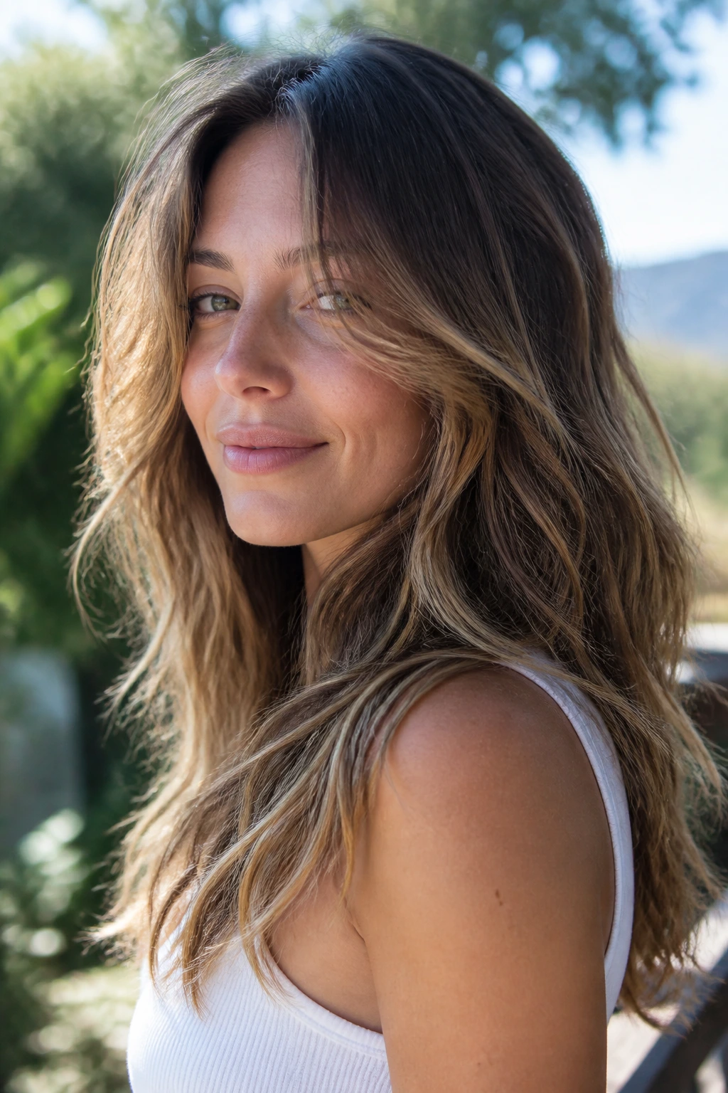 Close-up portrait of a real woman with air-dried waves and medium layers in natural light