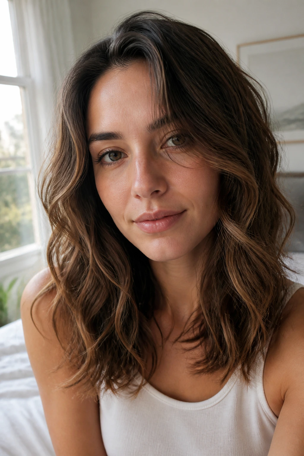 Close-up of real woman with air-dried waves under bright natural light
