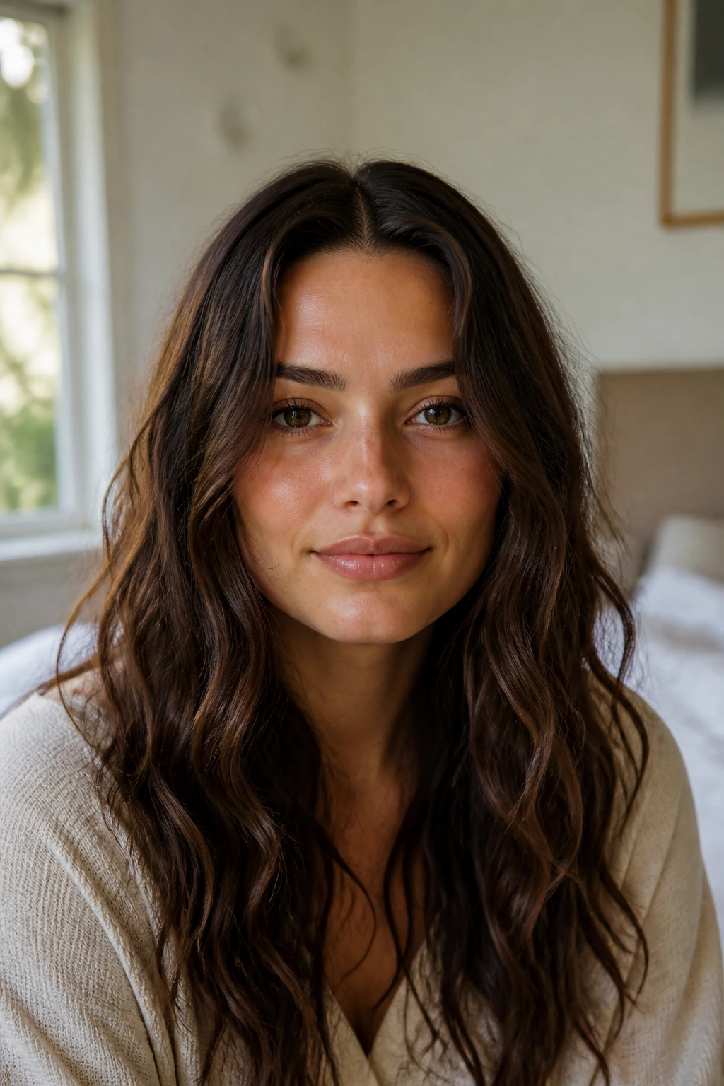 Close-up of a real woman with air-dried middle-part waves
