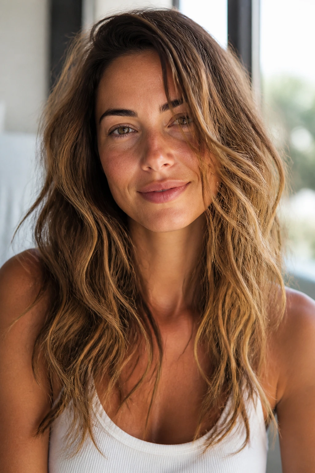 Close-up of a woman with tousled air-dried waves in bright daylight