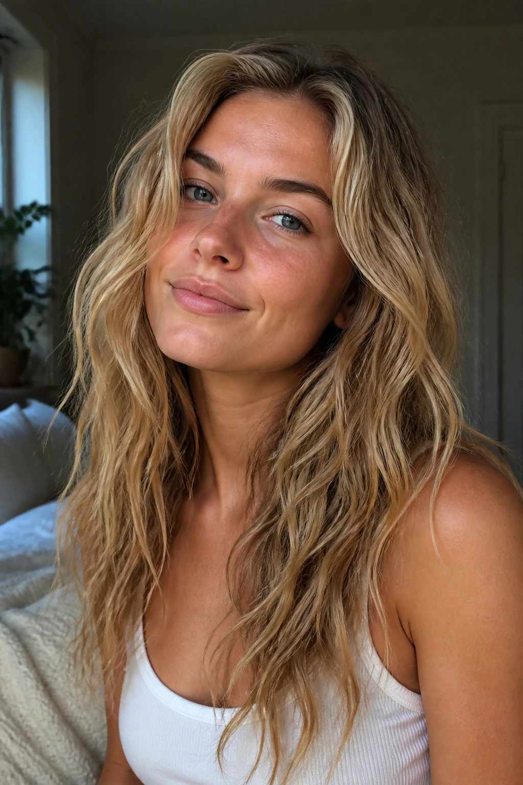 Medium close-up of a real person with natural, air-dried waves
