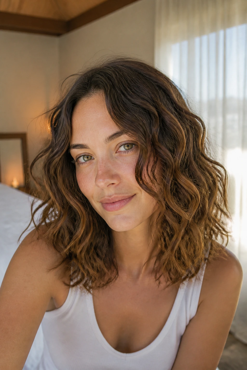 Close-up of a real woman with natural air-dried scrunched waves