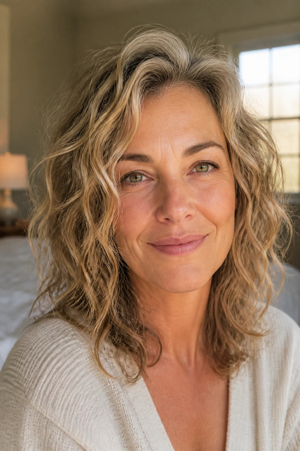 Close-up of a real woman with air-dried waves in natural light