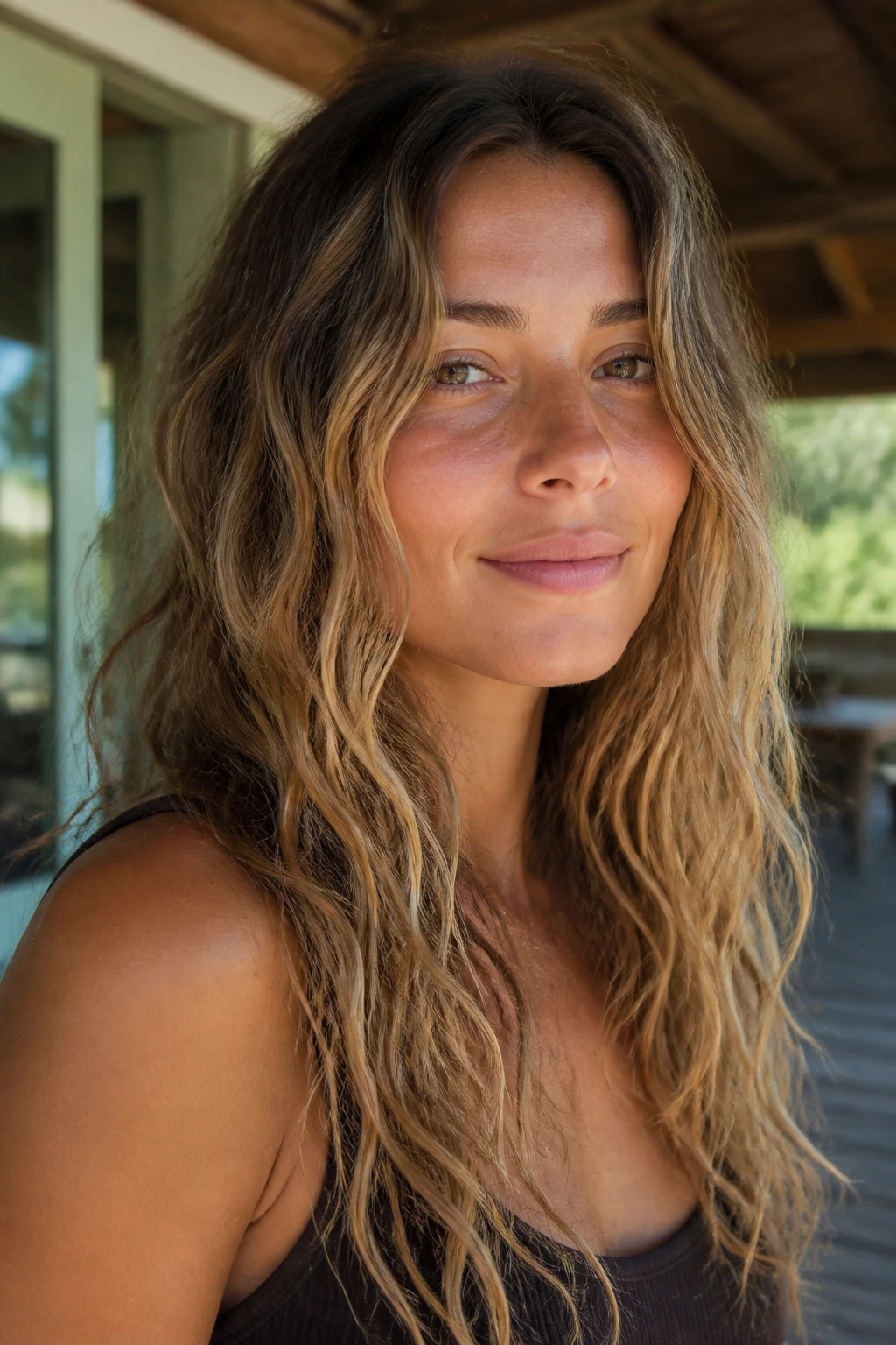 Close-up of air-dried salt-spray waves on real person outdoors at a sunlit porch