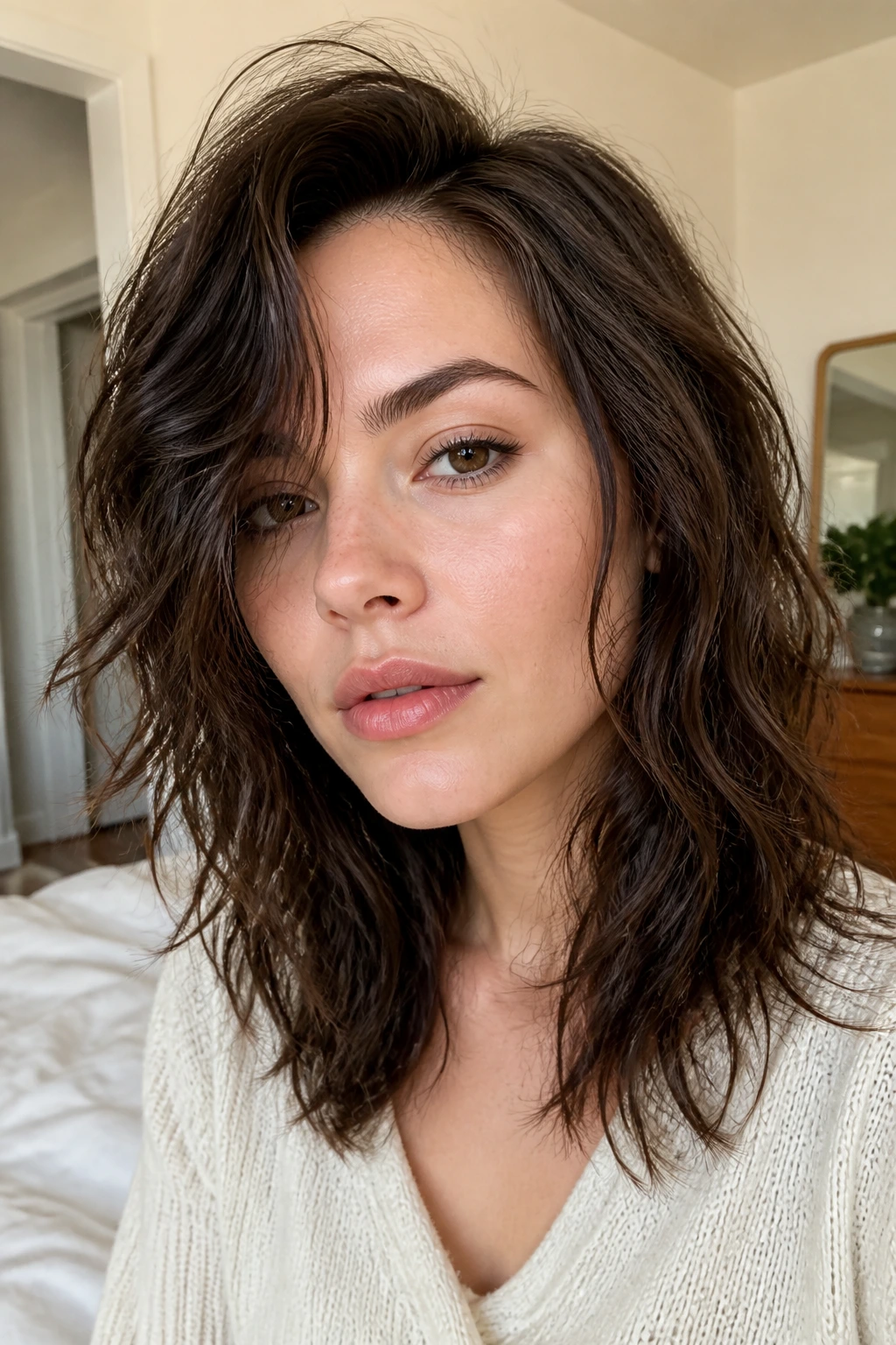 Close-up portrait of a real woman with air-dried wavy shag and side part in natural window light
