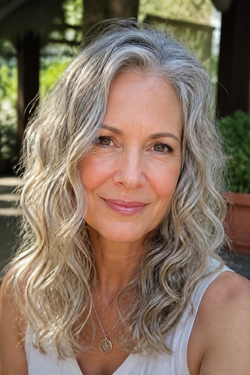 Close-up portrait of a real woman with natural air-dried waves and shine