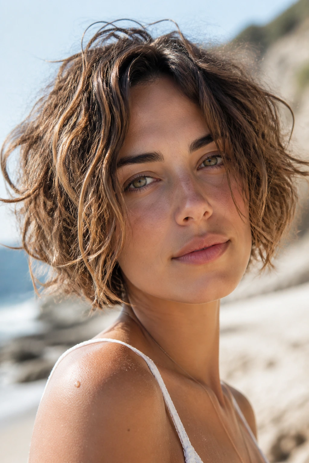 Close-up portrait of a real woman with short wavy hair in air-dried salt-spray waves
