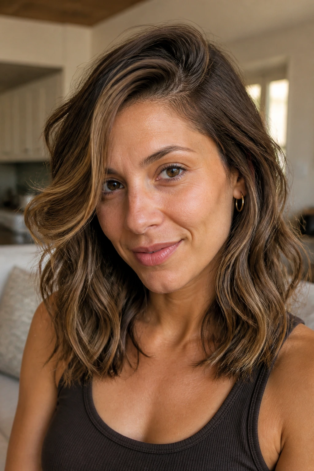 Close-up portrait of a real woman with side-part air-dried waves and root lift.