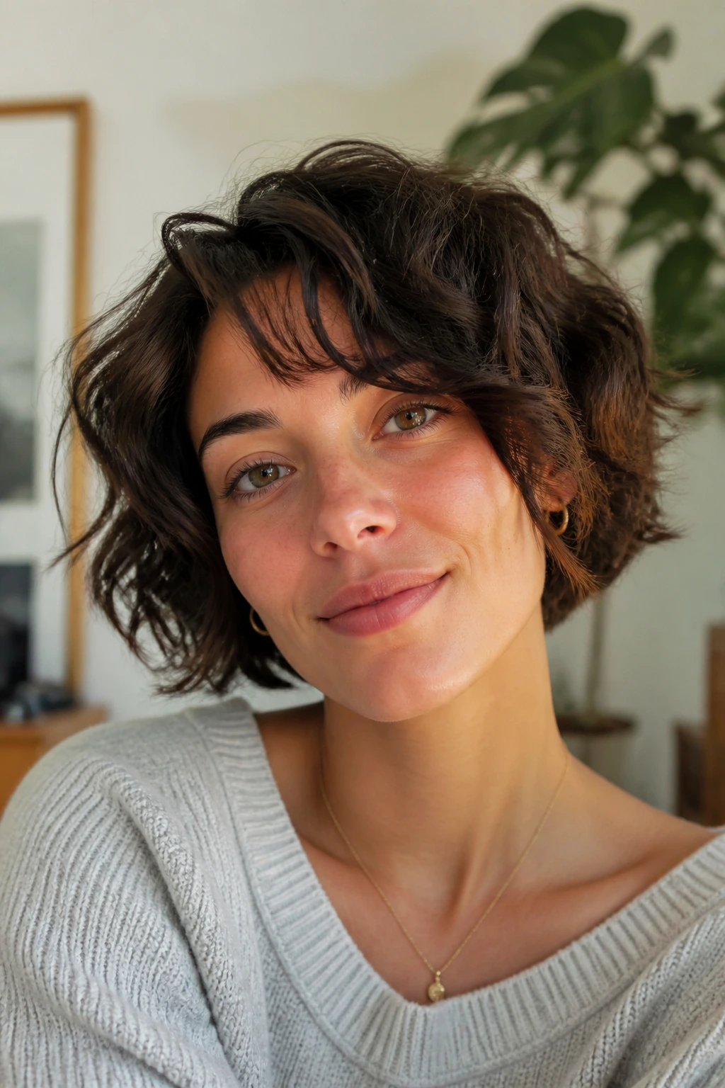 Close-up portrait of a real person with natural air-dried waves in a cozy room