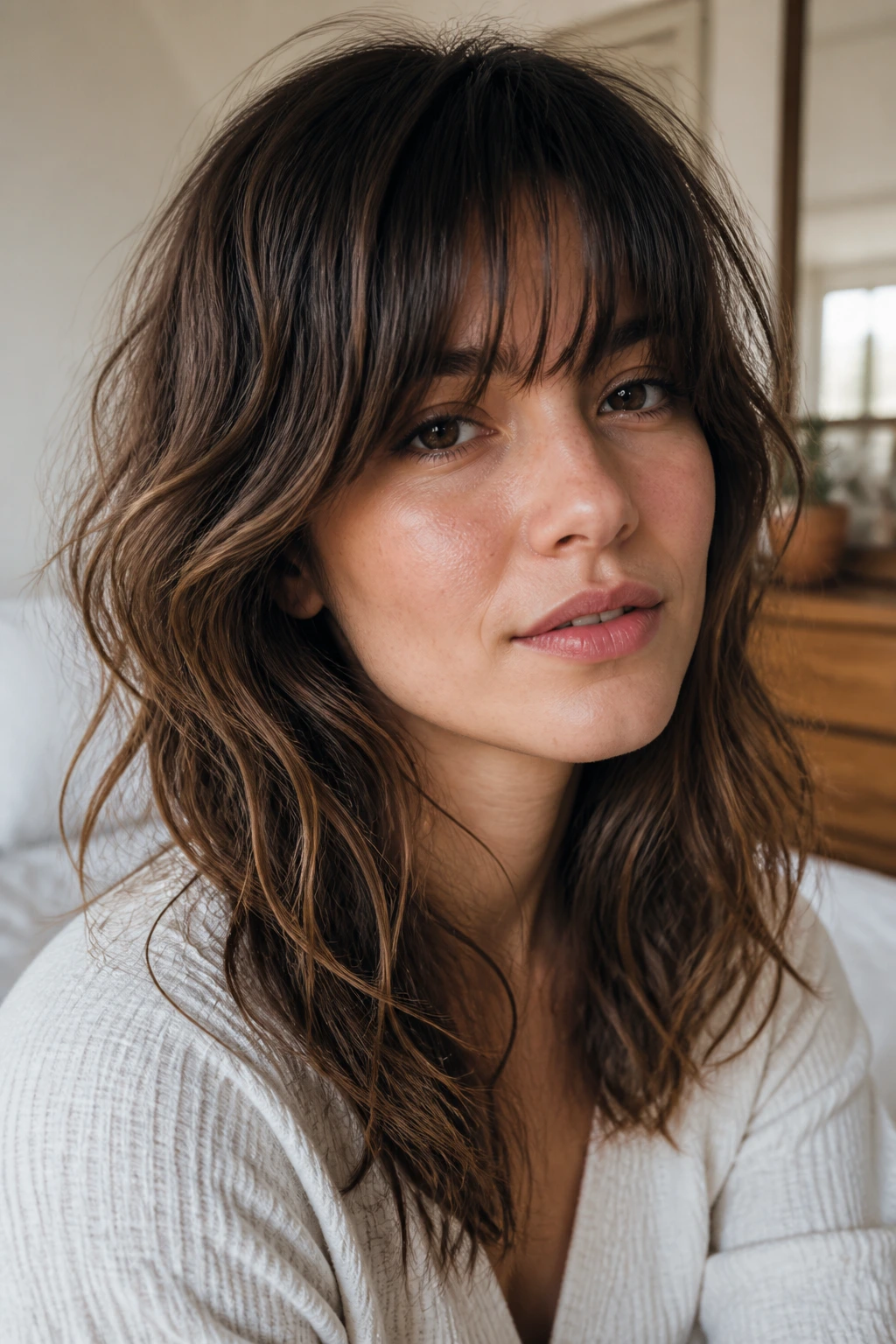 Close-up of a person with air-dried waves and long wispy bangs