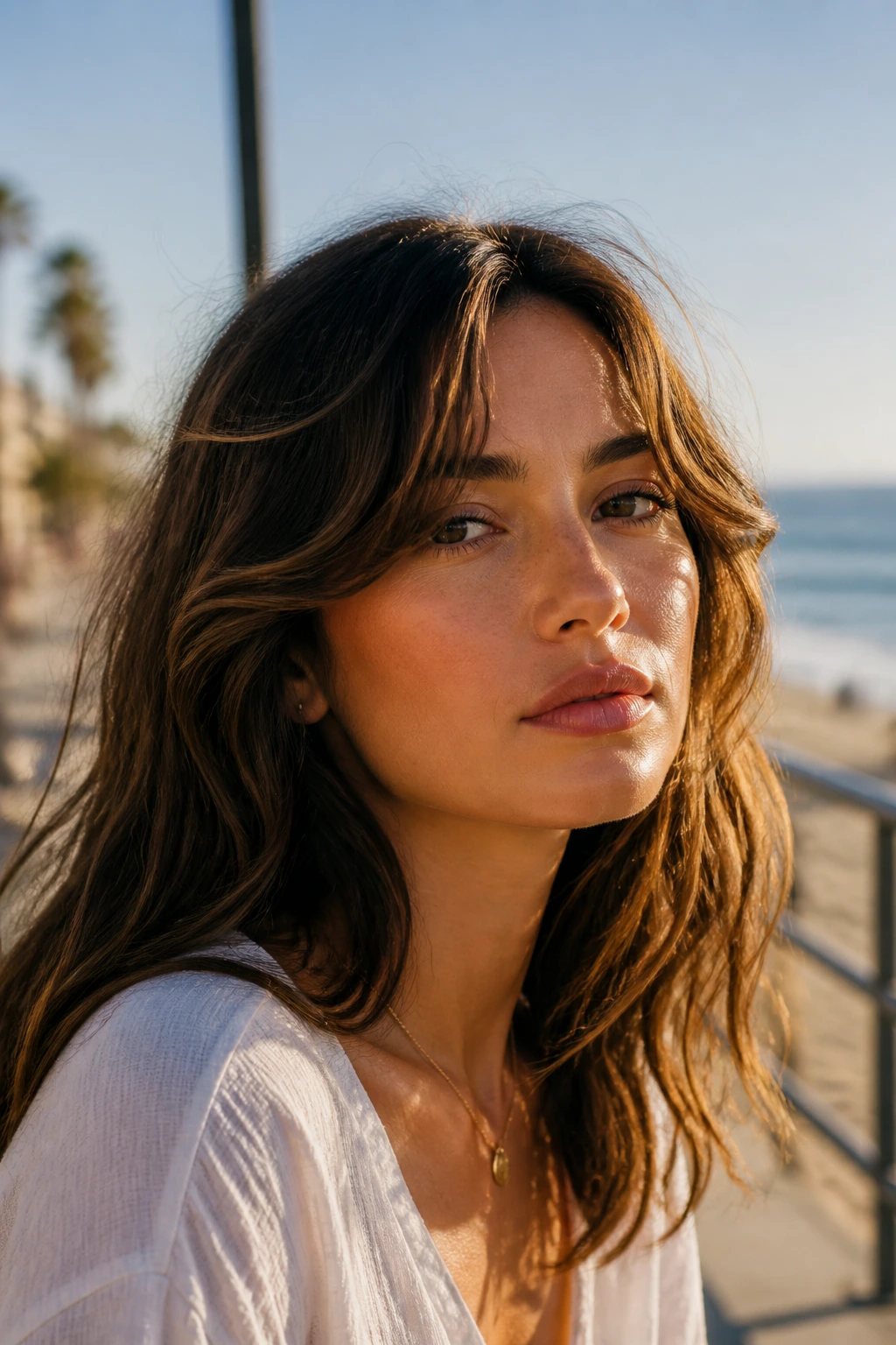 Real person with natural, air-dried wavy bangs in golden hour light