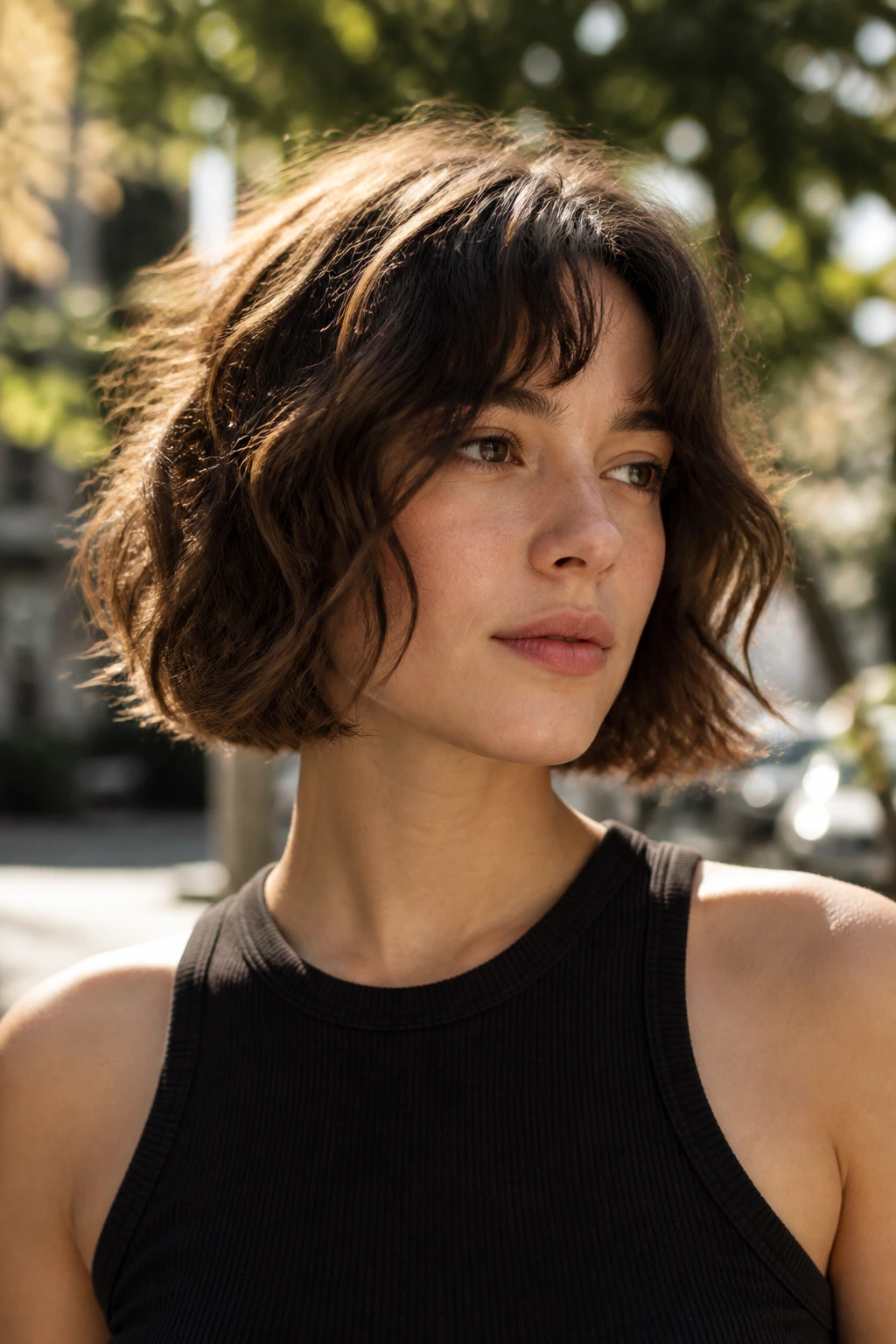 Close-up of a woman with air-dried wavy bob outdoors