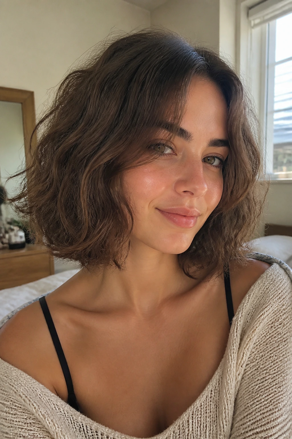 Real woman with air-dried wavy Italian bob in bright window light