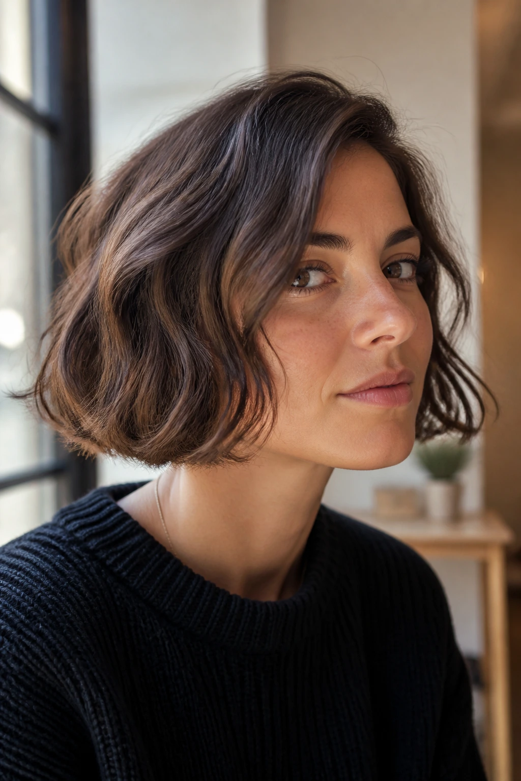 Portrait of a real woman with air-dried wavy Italian bob and natural texture.