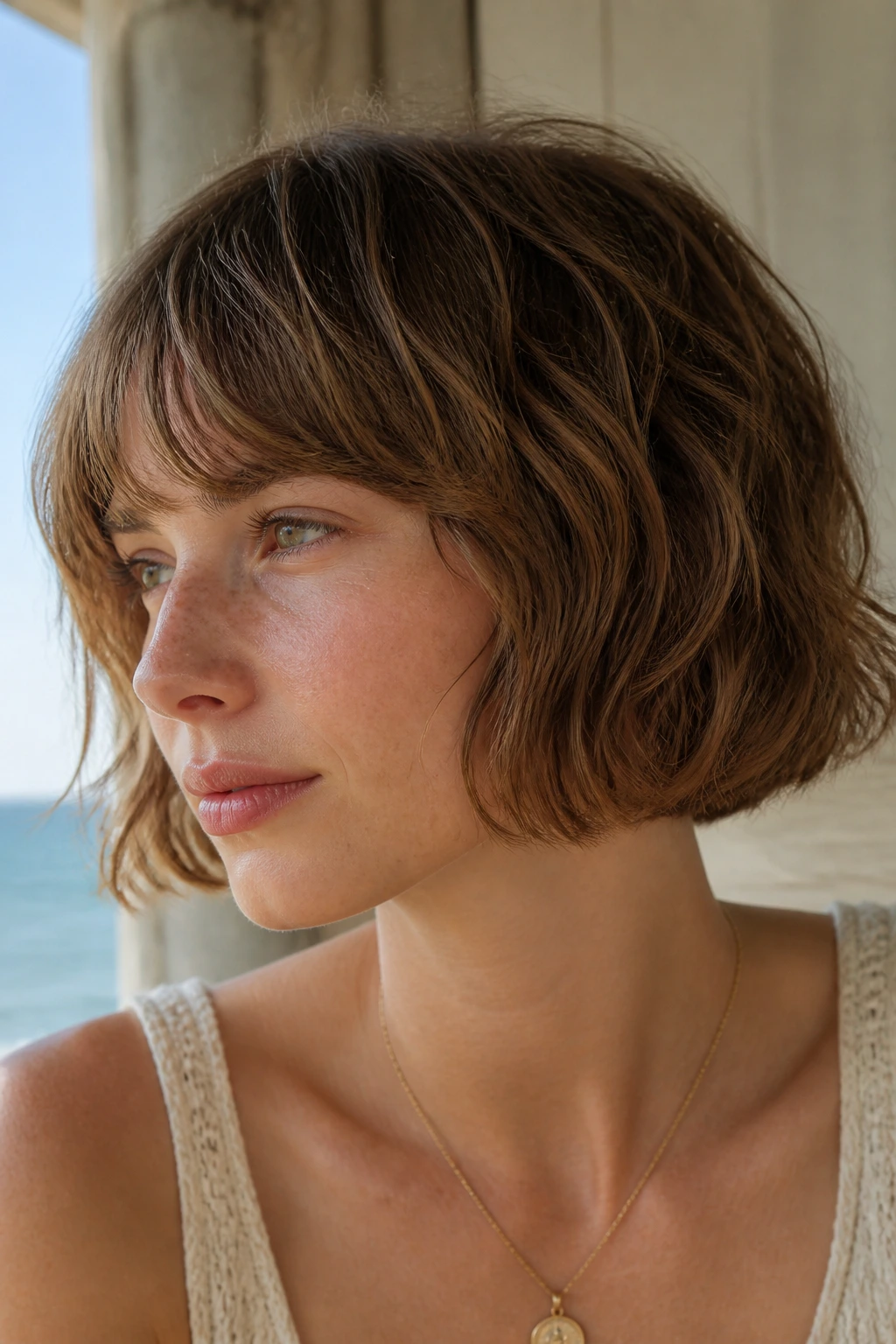 Close-up portrait of a real person with an air-dried wavy pageboy hairstyle
