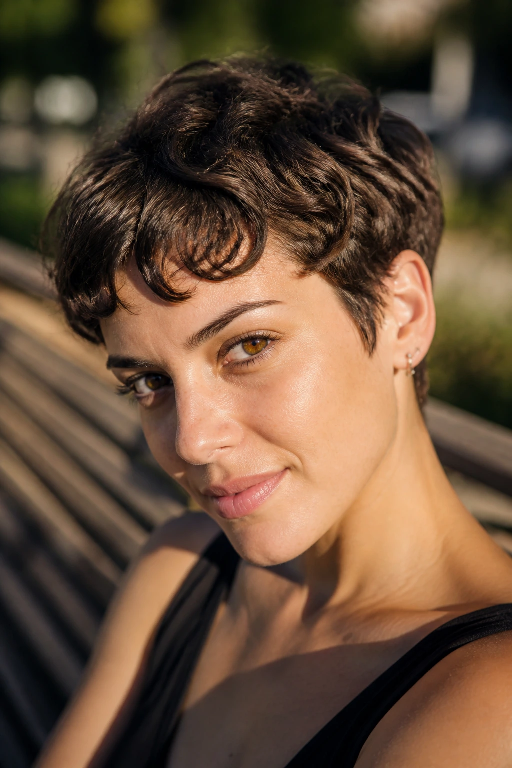 Portrait of a real woman with air-dried wavy pixie hairstyle in natural light