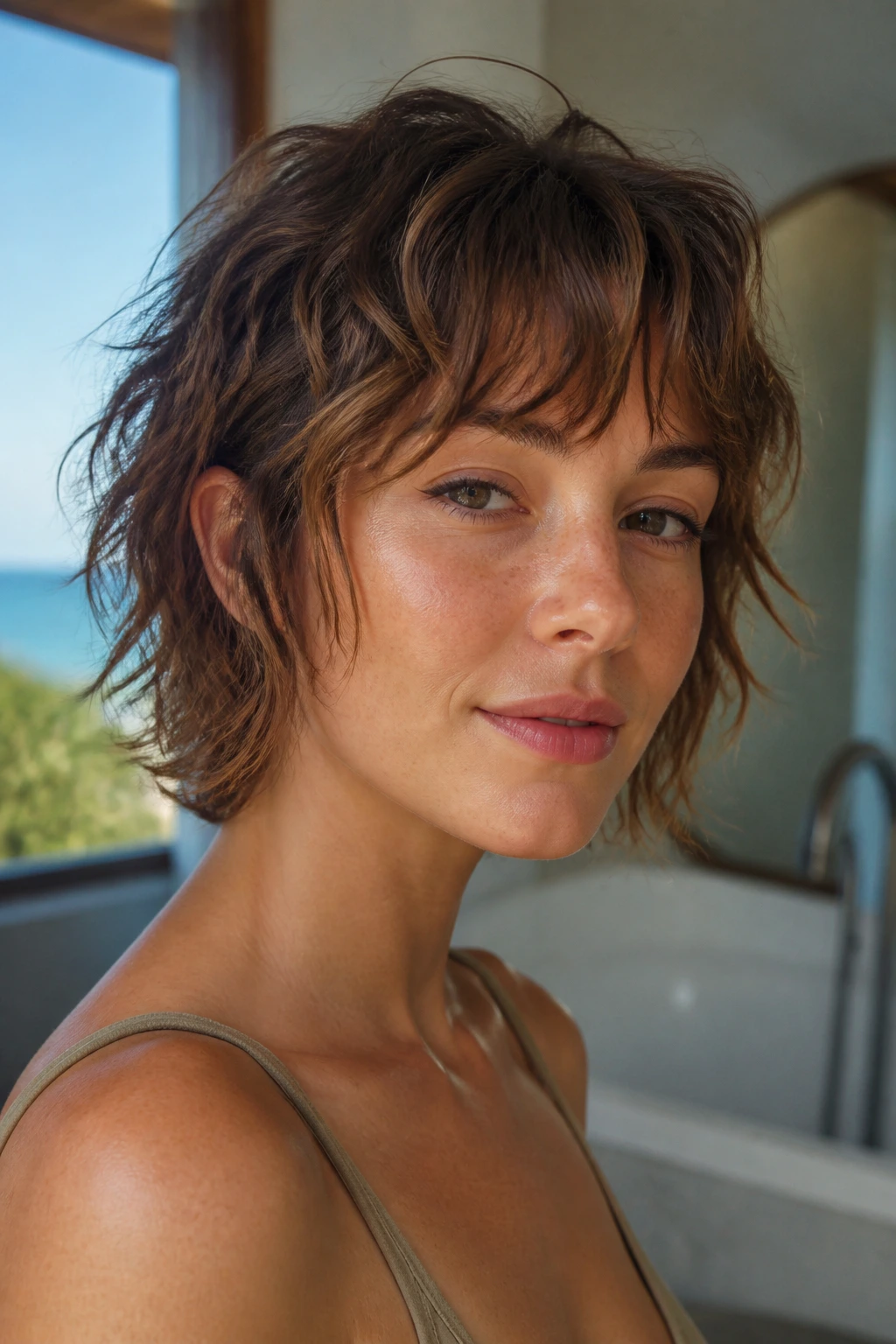 Close-up of real person with air-dried wavy shag in sunlit home