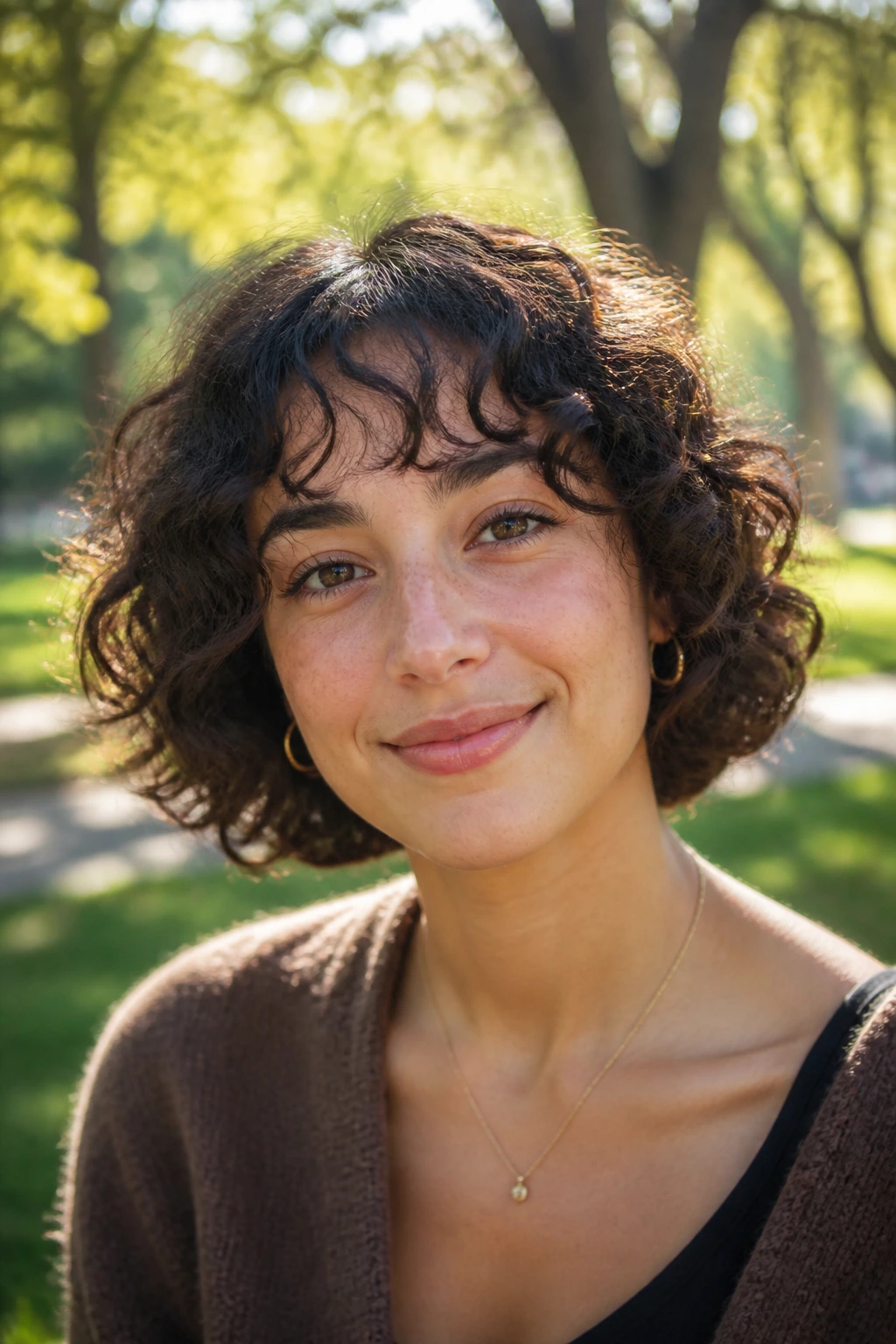 Close-up portrait of a real person with air-dried wisps for natural curls in outdoor light.