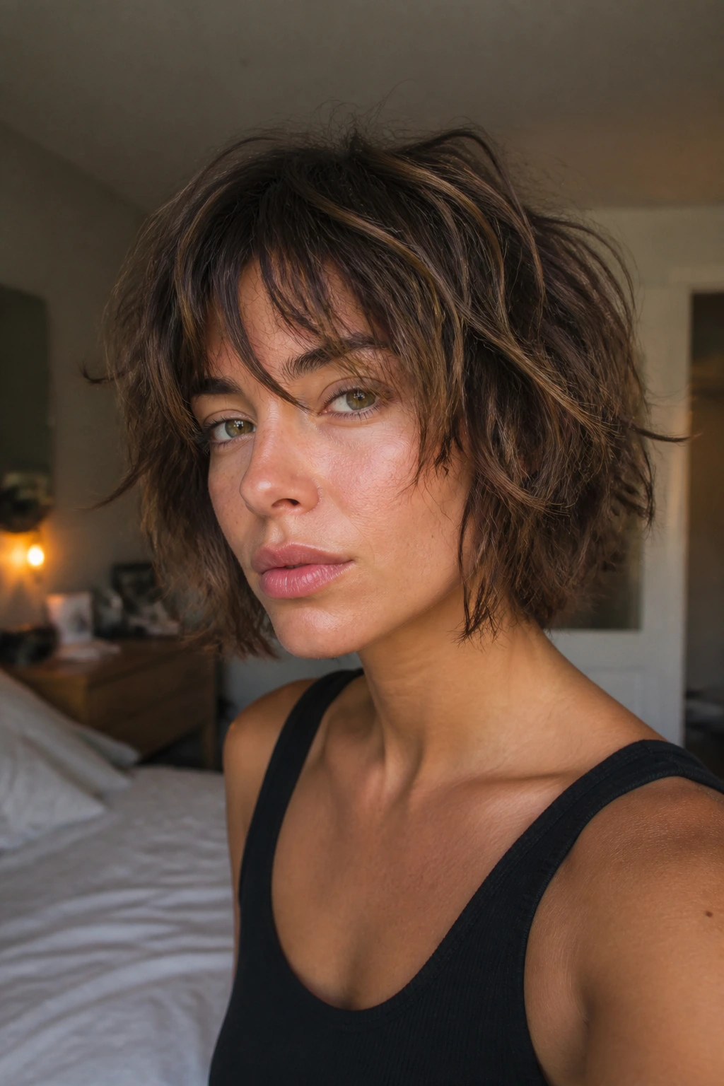 Close-up portrait of a real woman with an air-dried wolf bob showing natural texture and waves in soft window light