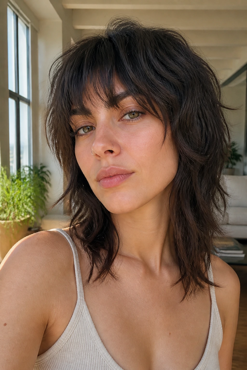 Close-up portrait of a real person with an air-dried wolf cut showing natural texture