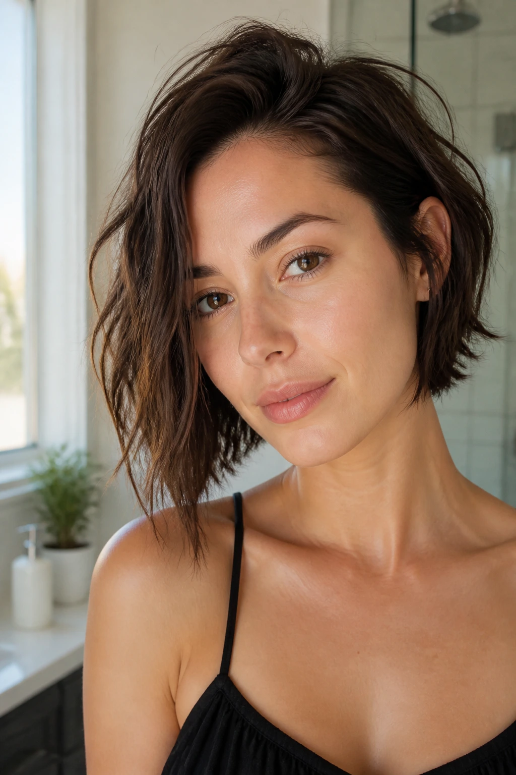Close-up of a real woman with air-dry asymmetrical bob in a bright home bathroom
