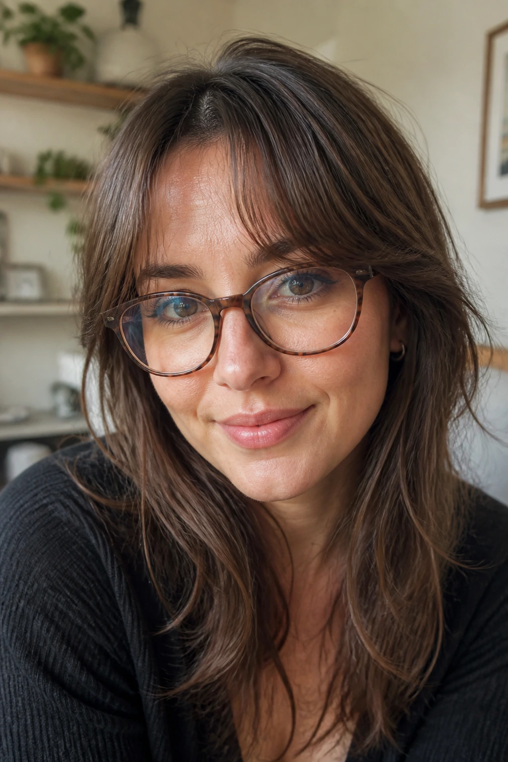 Portrait of a real woman with air-dried curtain bangs and lightweight glasses by a sunny window