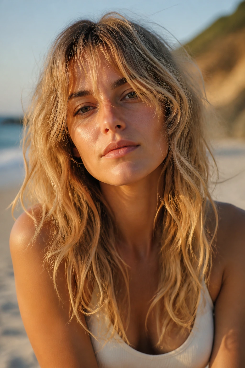 Close-up of a real woman with air-dry beach shag hairstyle on a sunlit beach