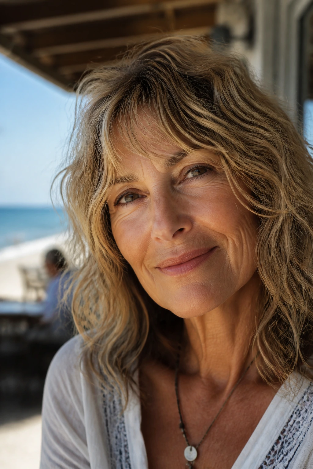 Close-up portrait of a real woman with beachy air-dry shag by the seaside