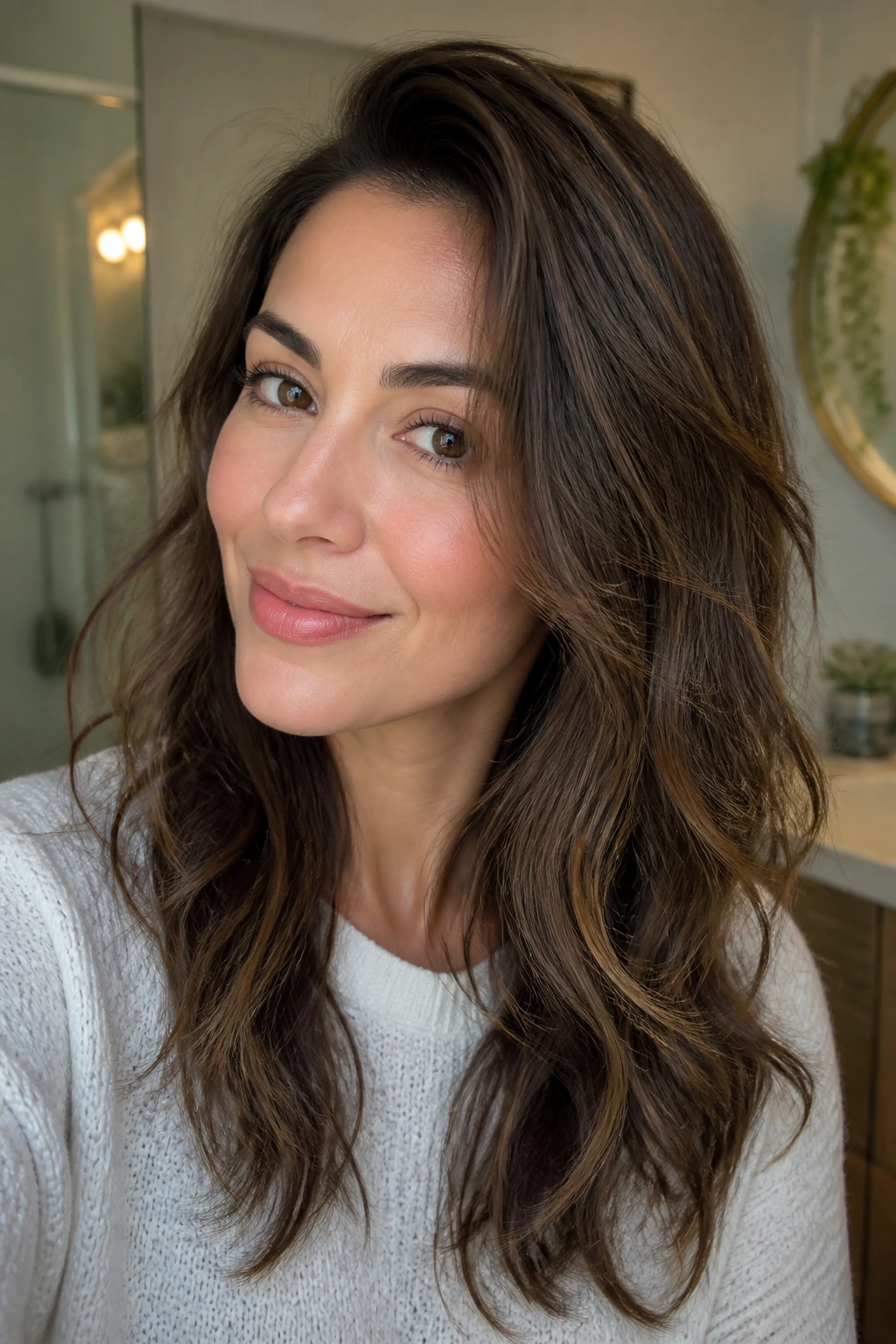 Close-up of a real woman with 70-80% air-dried blowout texture and crown lift