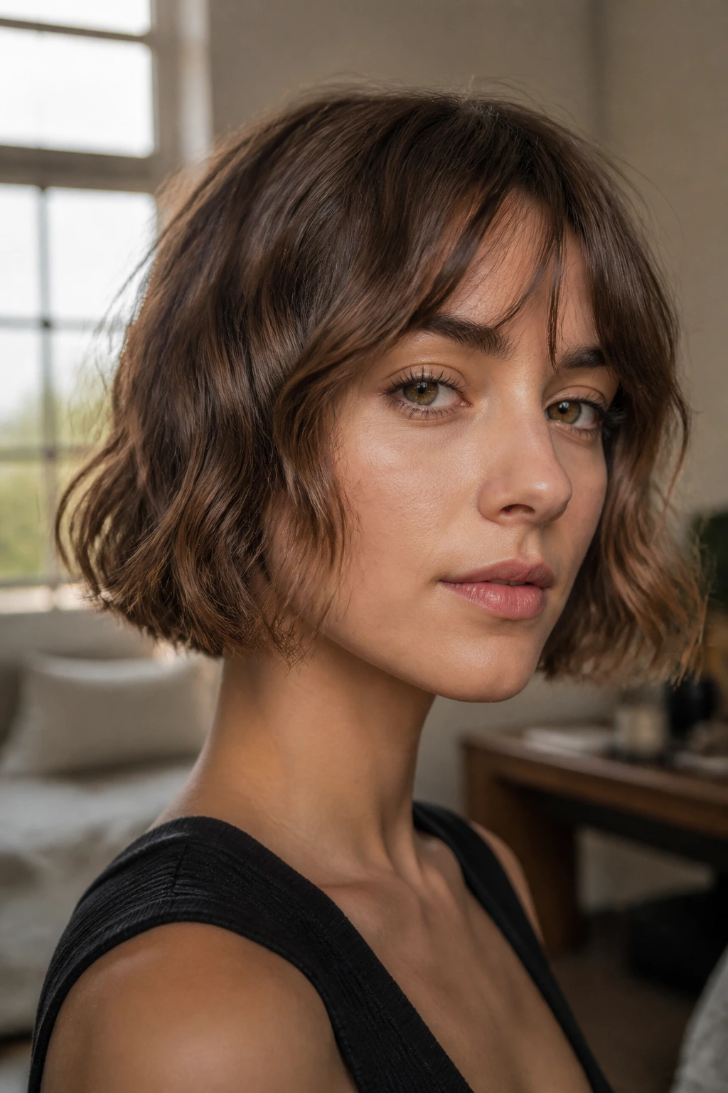 Air-dried blunt bob on a real person in warm window light
