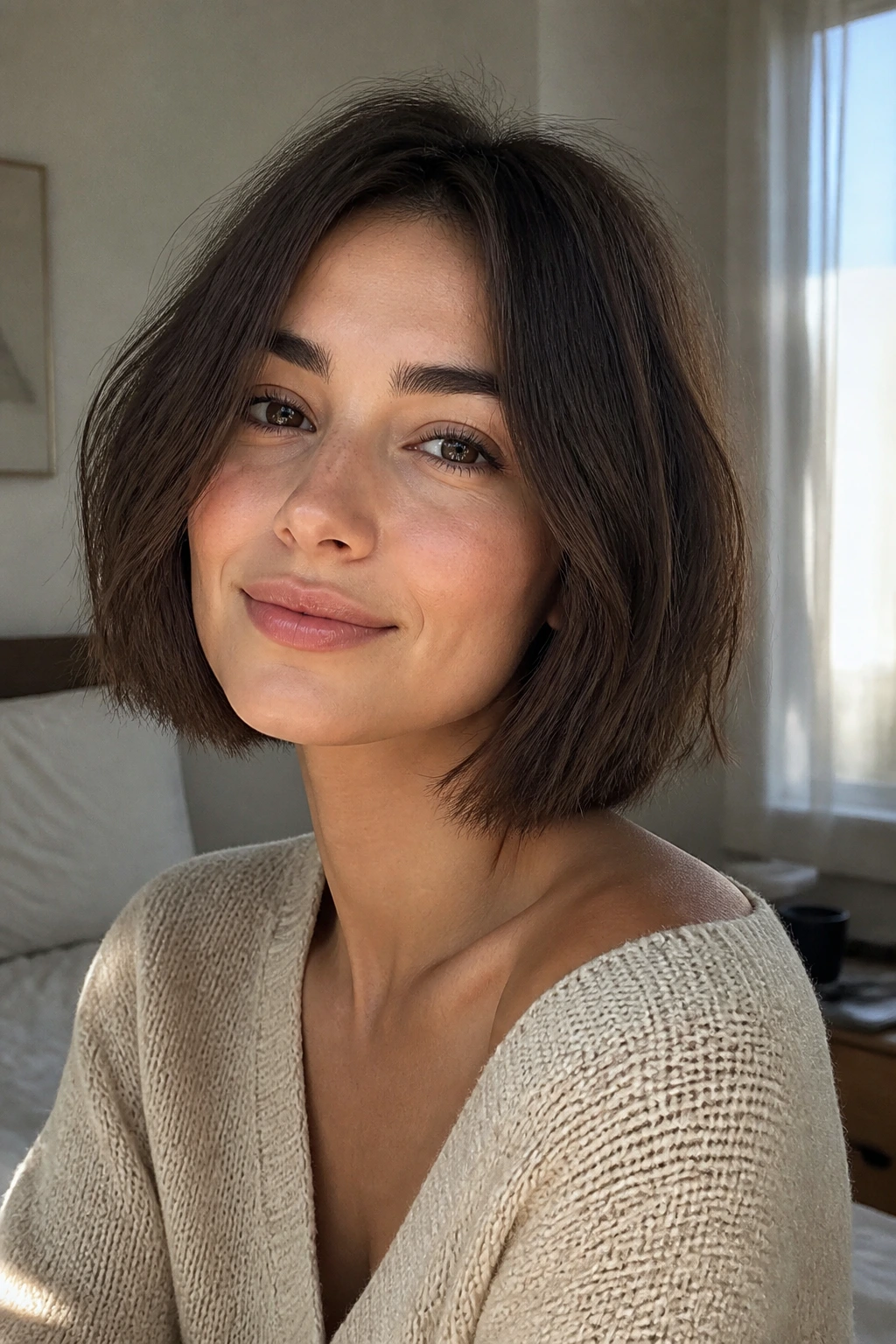 Morning-light portrait of a woman with an air-dried blunt bob showing natural texture.