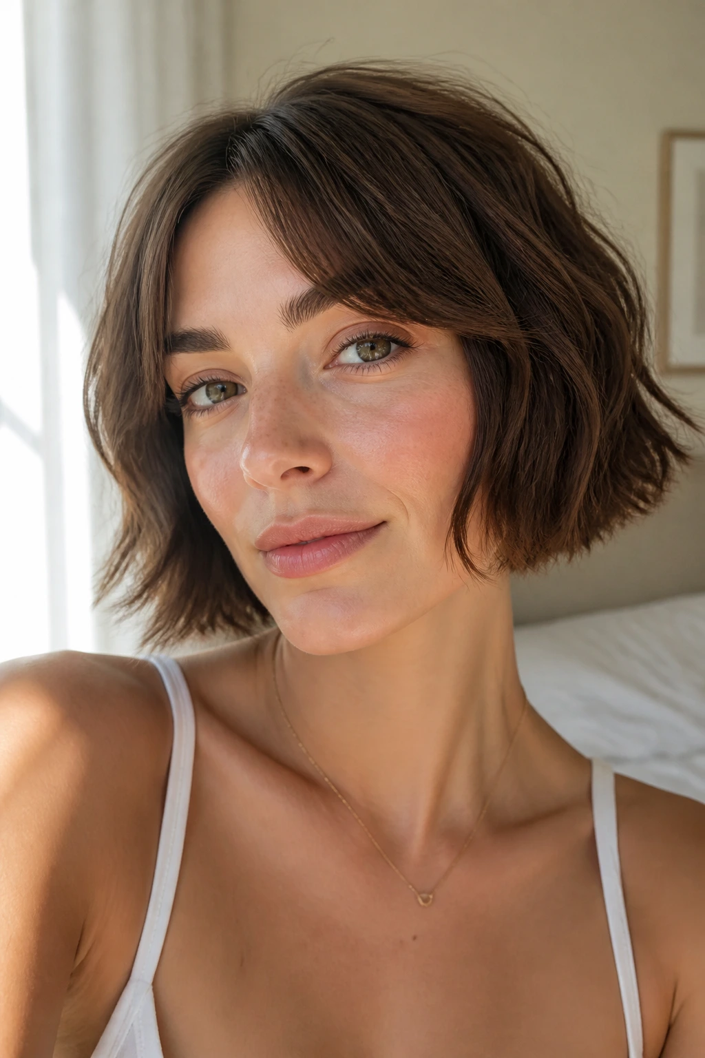 Close-up of real woman with chin-length choppy air-dry bob in warm window light