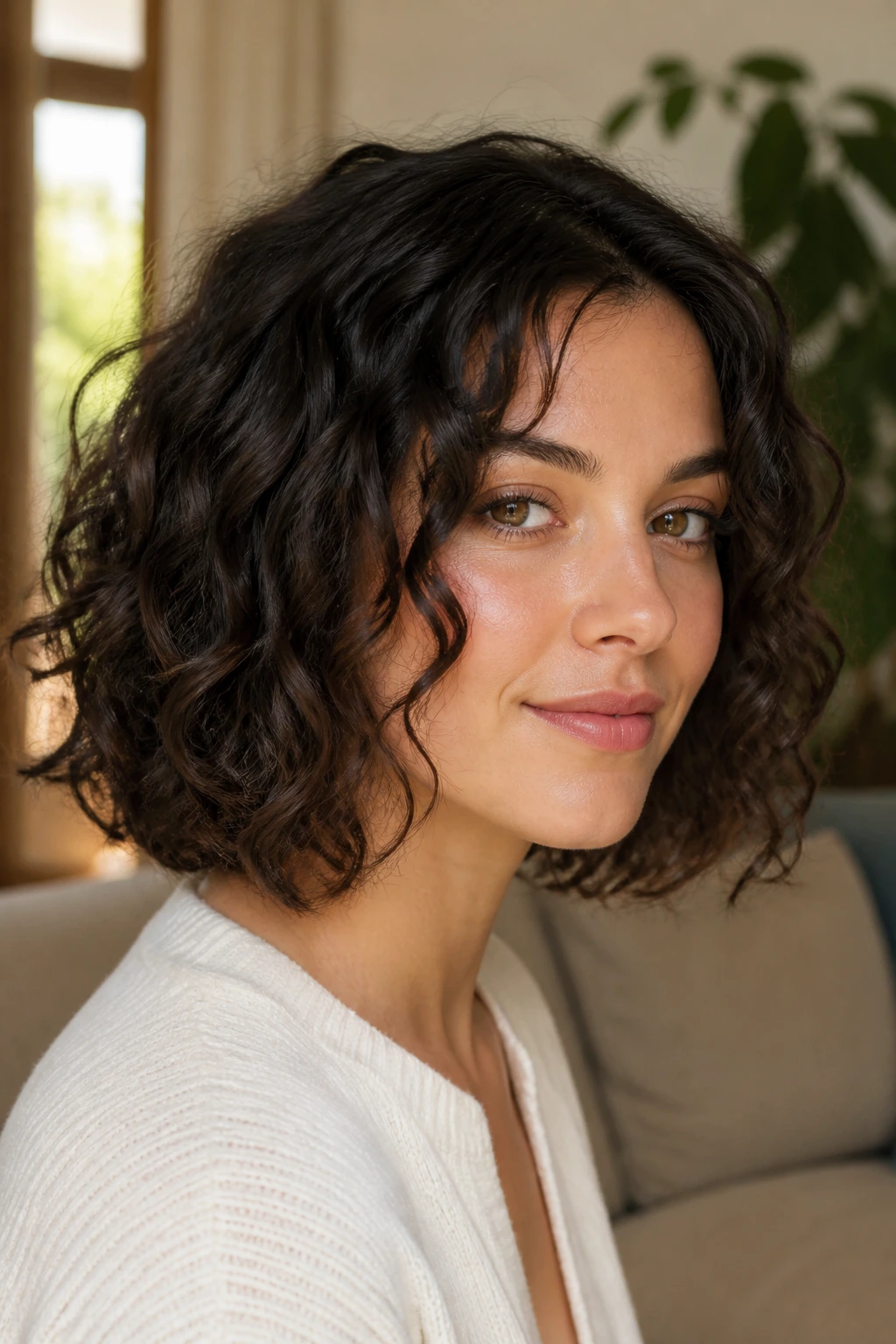 Close-up of a real woman with an air-dried shoulder-length curly bob in a sunlit living room.