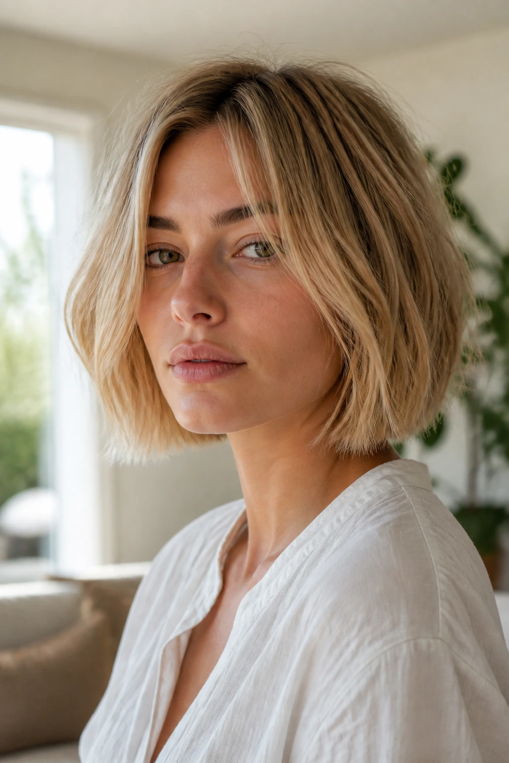 Real person with air-dry bob showing full perimeter and soft texture