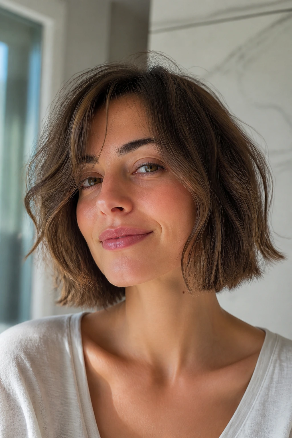 Portrait of a woman with an effortless air-dry bob showing natural texture