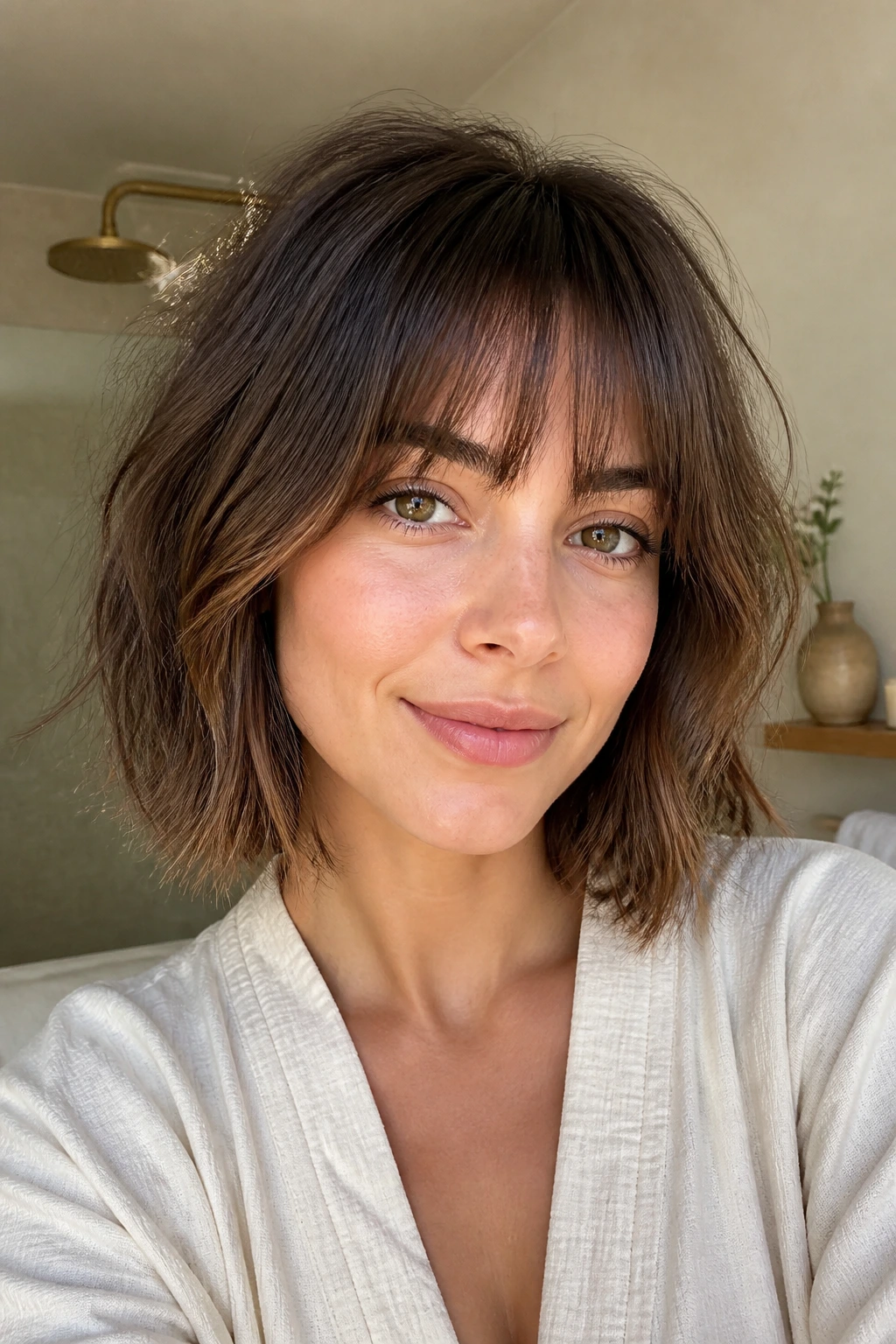 Portrait of a real woman with a low-maintenance air-dry bob and light bangs