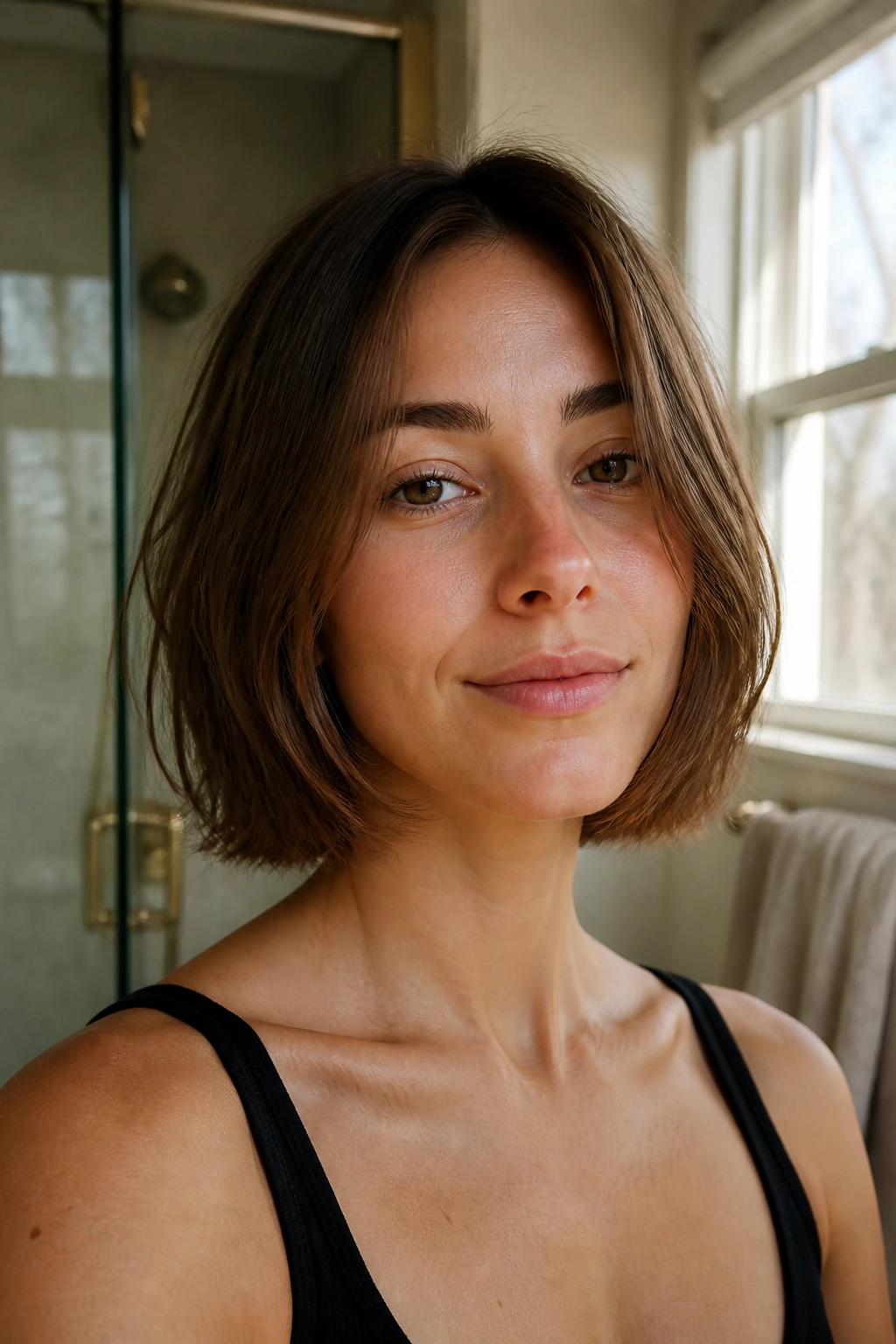 Portrait of a real woman with a low-maintenance air-dry bob in natural light.