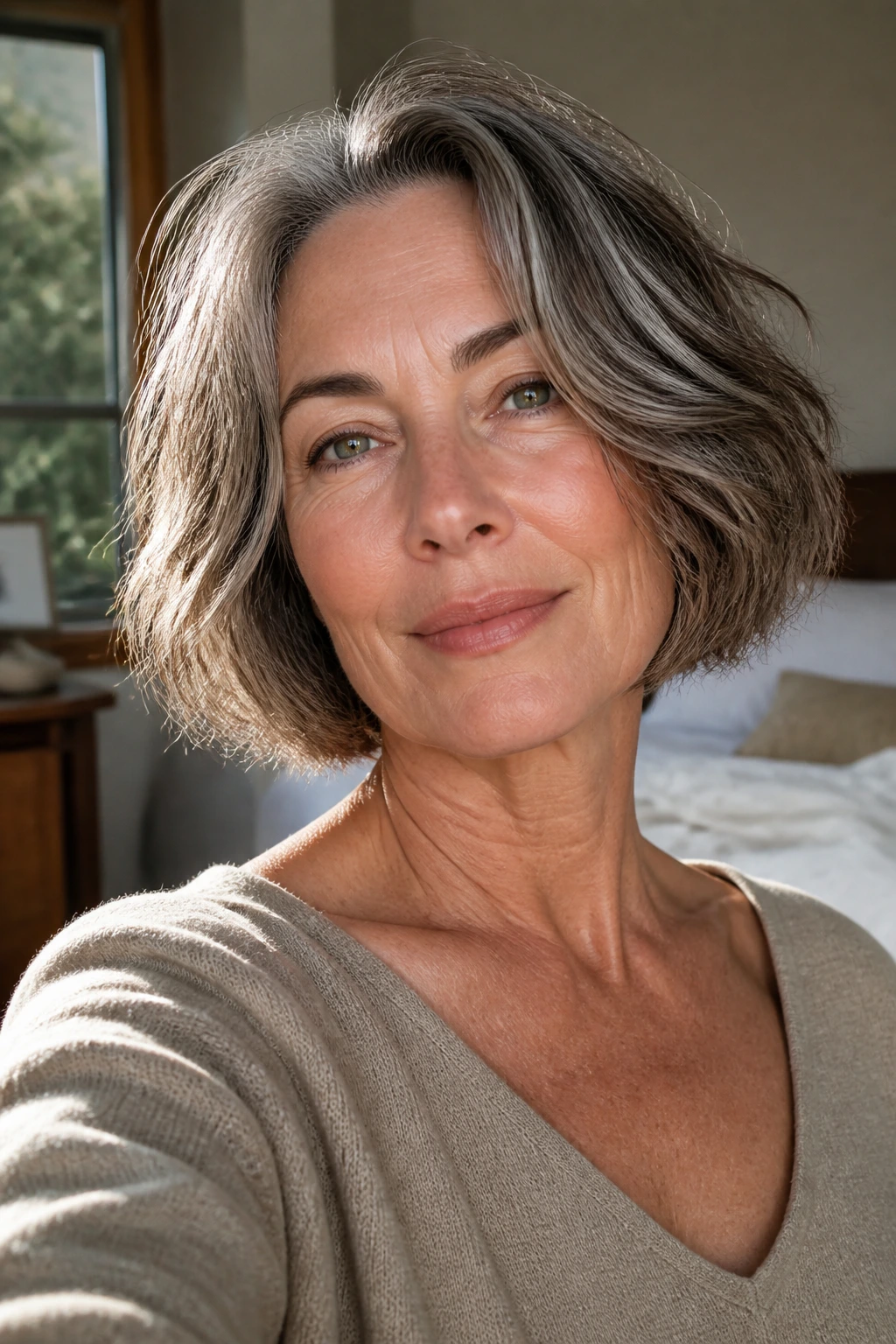 Portrait of a real woman with an air-dry bob showing natural texture