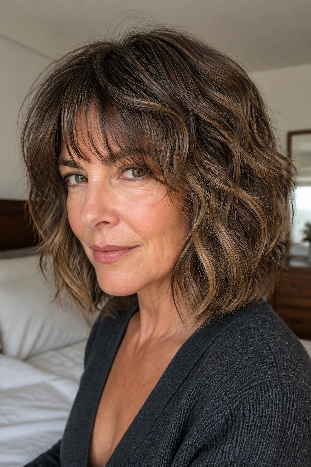 Close-up portrait of real woman with air-dry bob natural texture