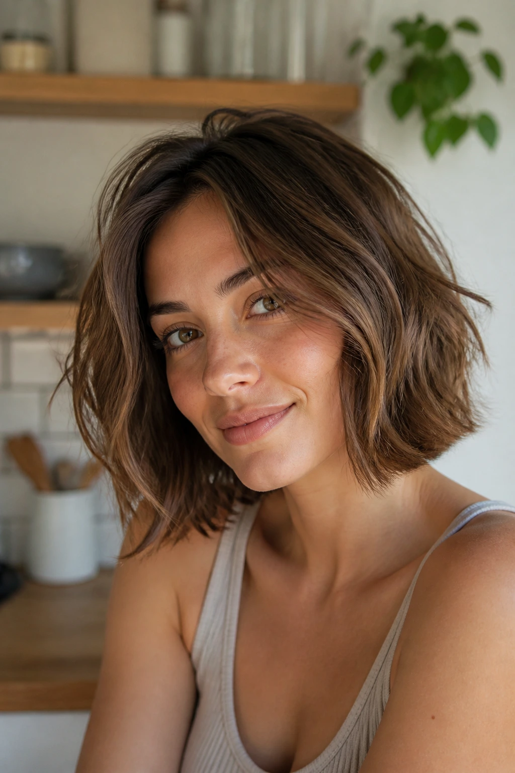 Portrait of a real woman with an air-dried bob showing soft bends and easy texture.