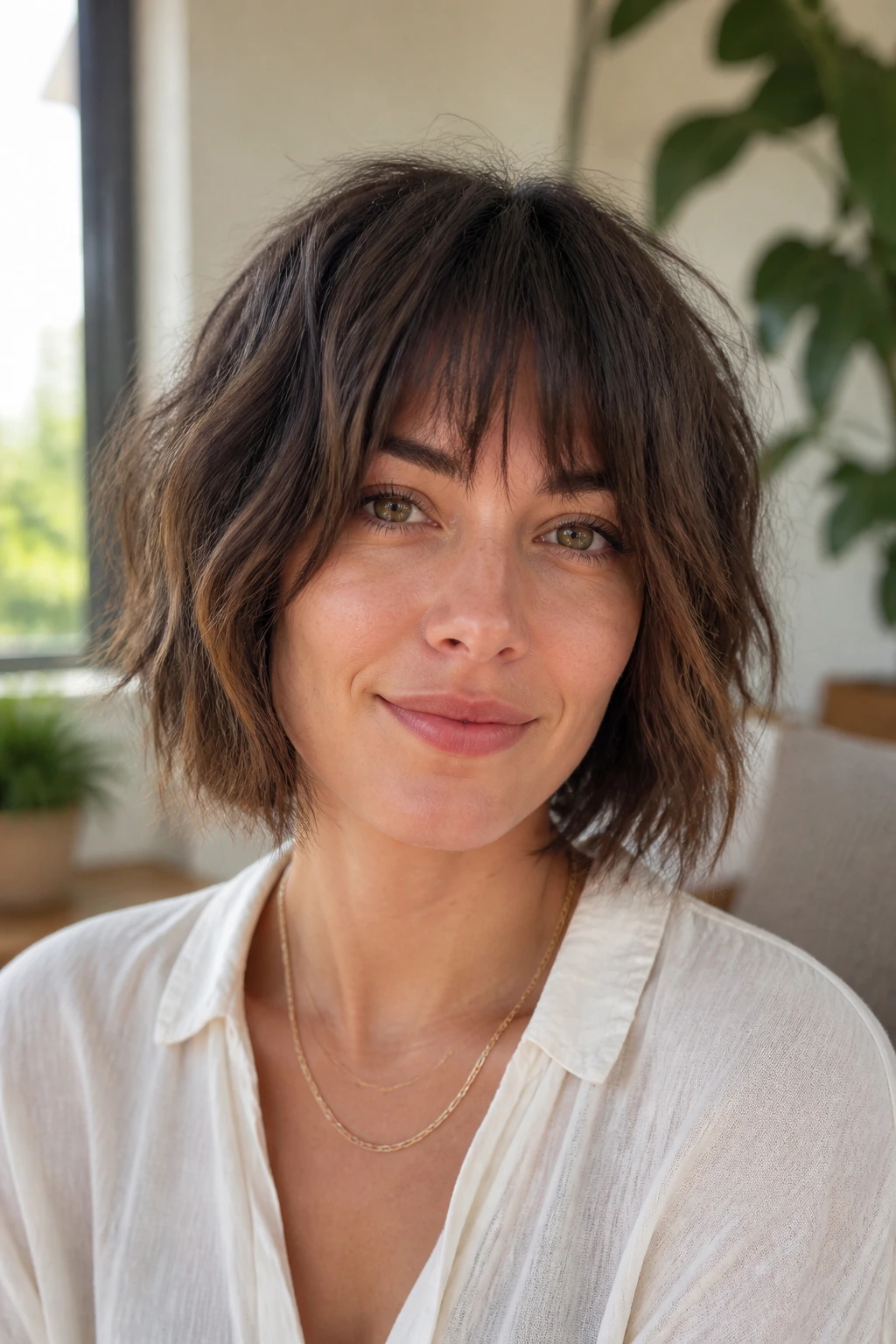 Close-up portrait of a real woman with air-dry bob and face-framing layers in a sunny room