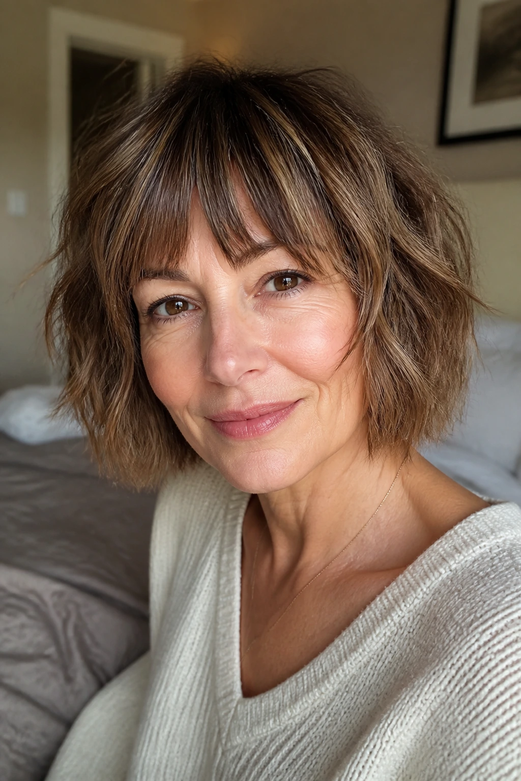 Close-up portrait of a real woman with an air-dry textured fringe bob in natural window light
