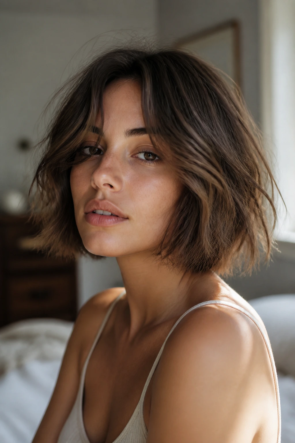 Portrait of a real person with an air-dry bob showing subtle texture and natural waves