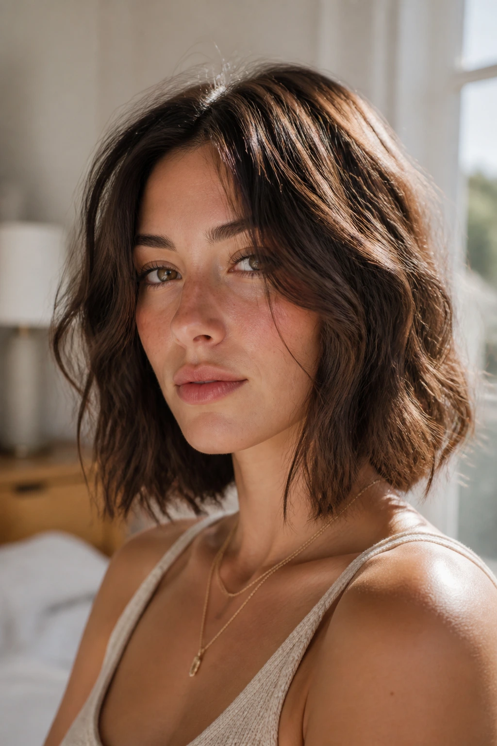Close-up portrait of a real woman with an air-dry bob and natural texture by a sunlit window