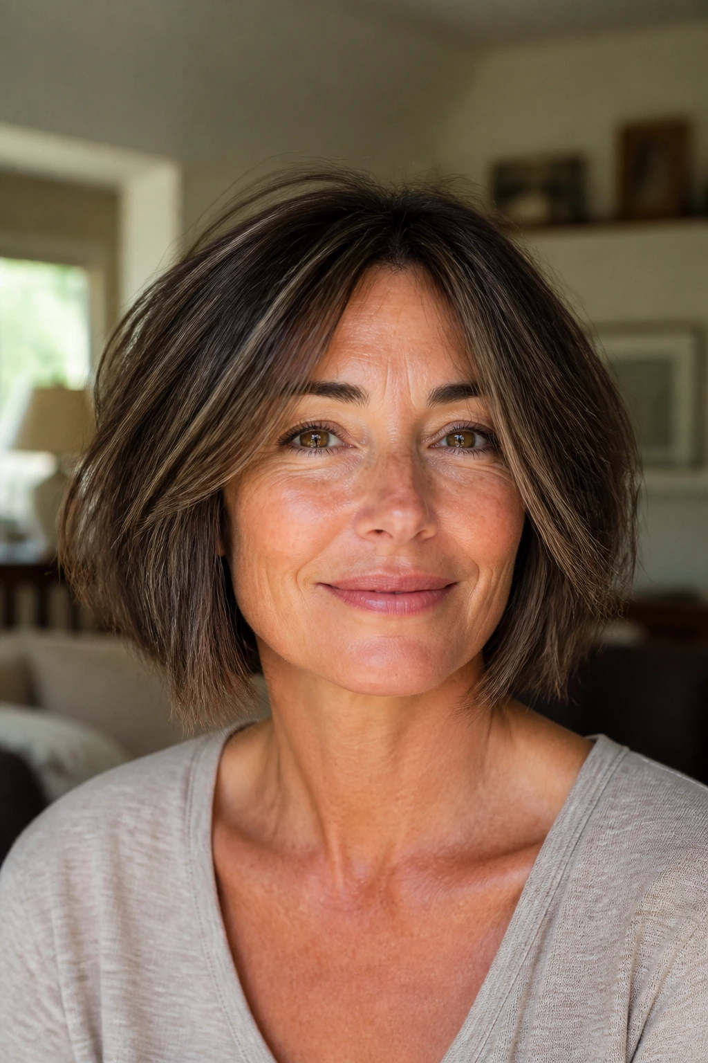 Close-up of a real woman's thick hair in an air-dry bob with interior layers and blunt edge