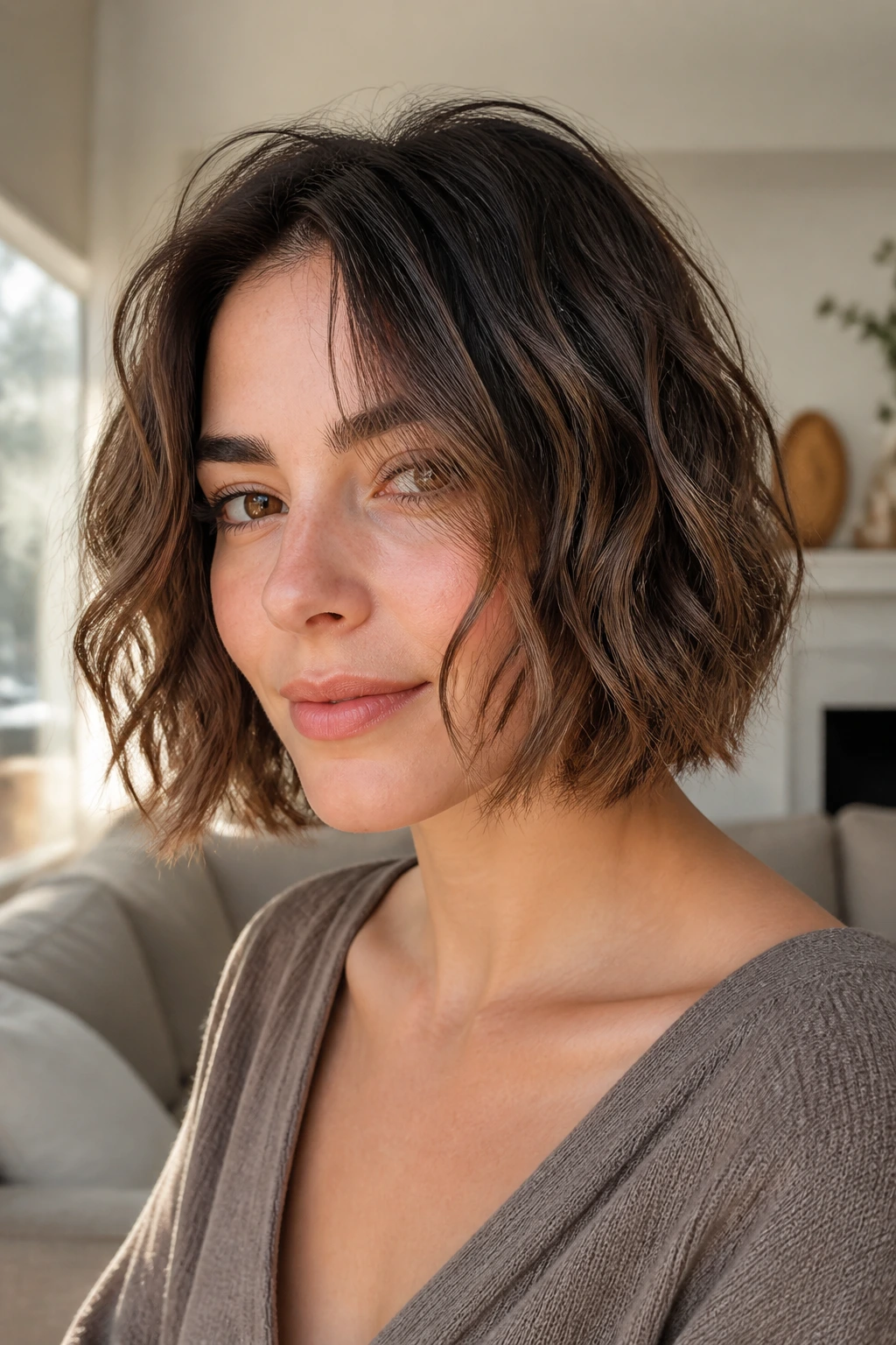 Real woman with an air-dry bob showing natural wave in a cozy home setting