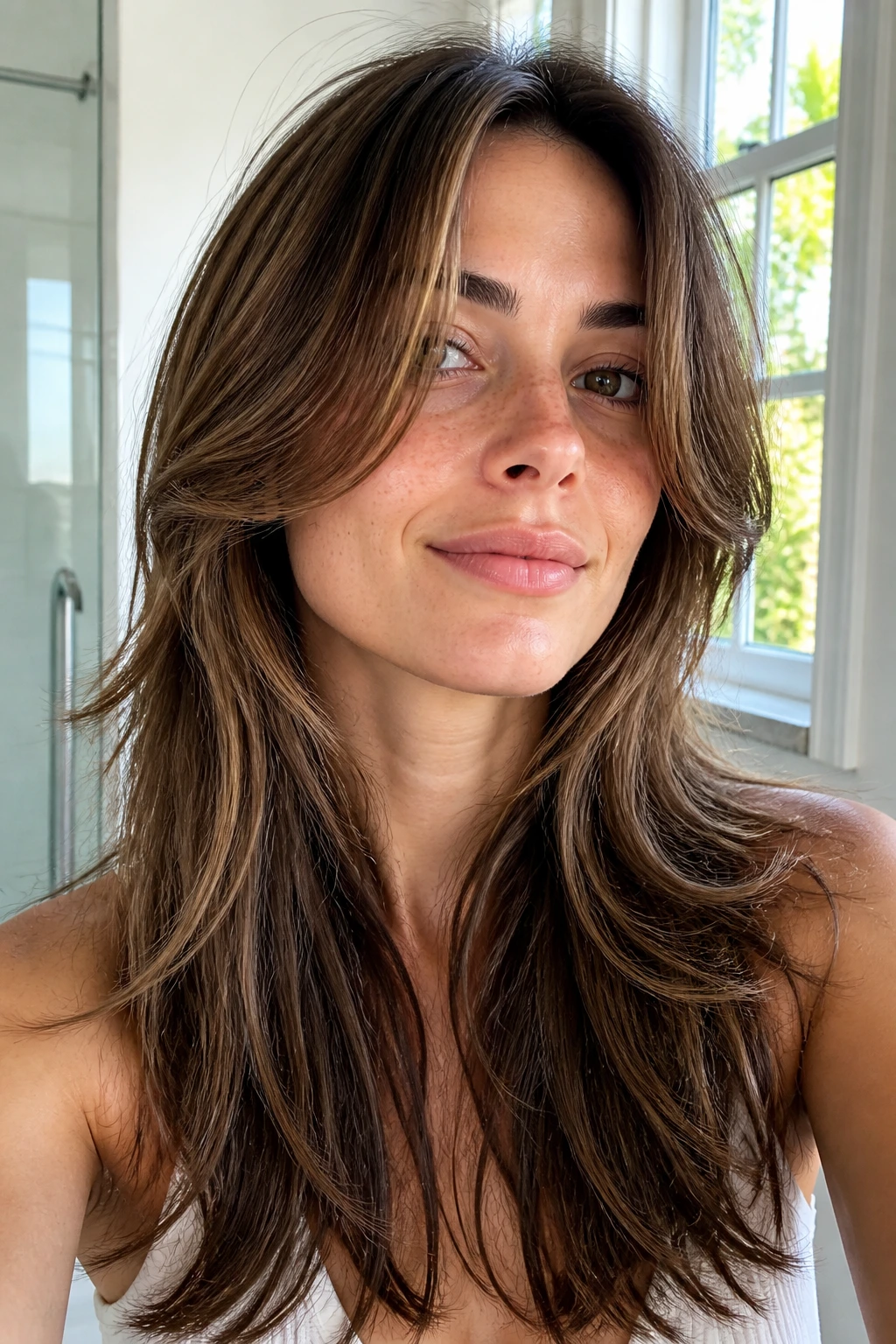 Close-up of a person with an air-dry butterfly haircut showing natural fall and density.